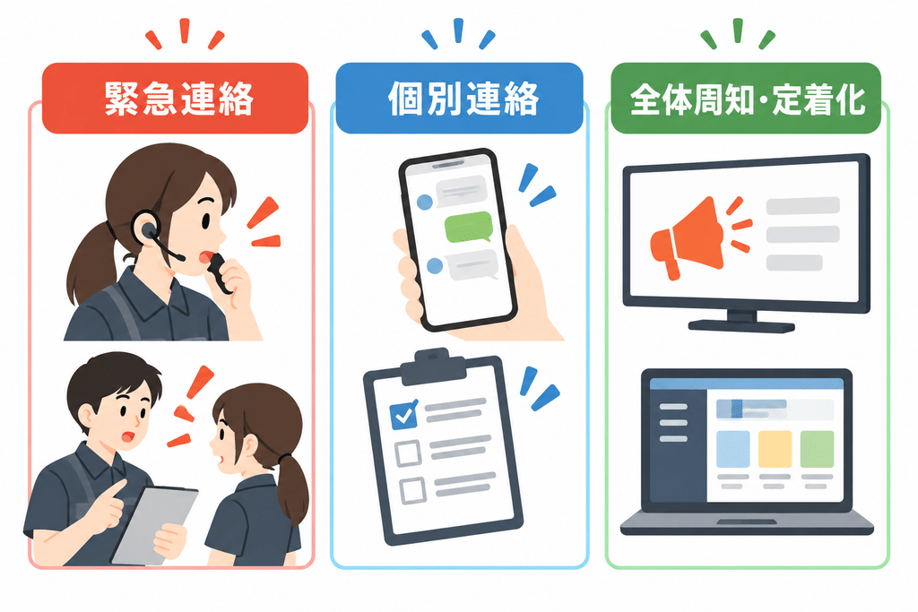 すべての連絡を一つの手段に集約するのではなく、情報の性質に合わせて伝達ツールを使い分けることが鉄則です。