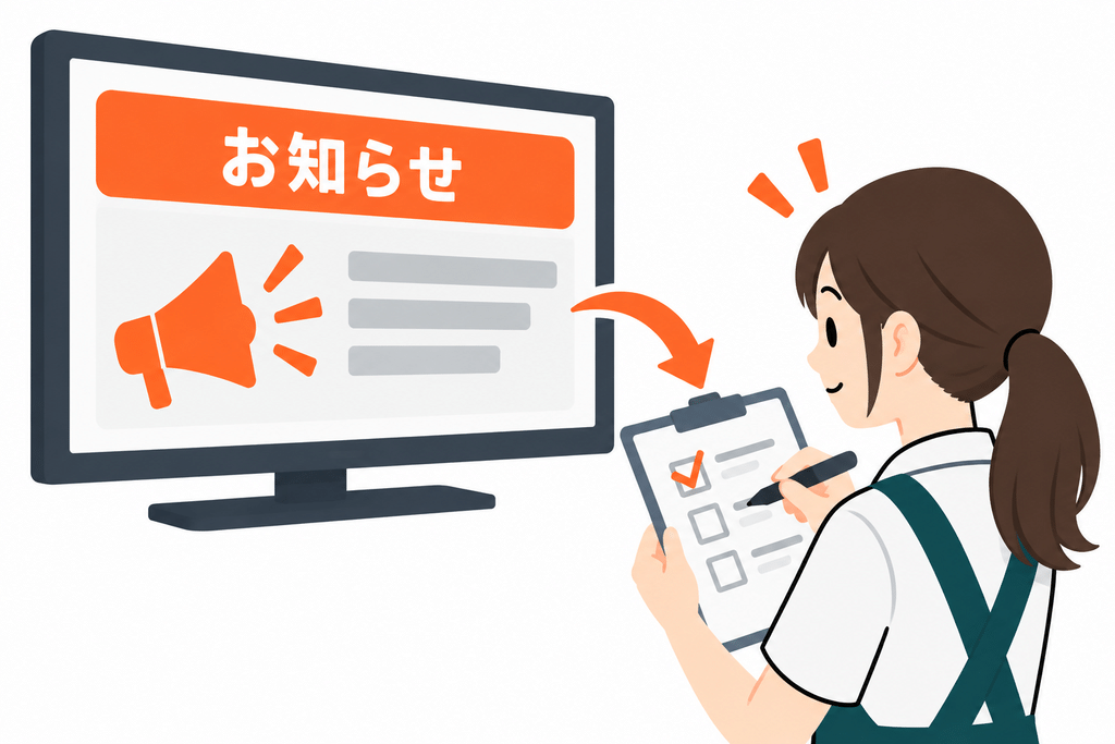 「見て終わり」にせず、理解度を把握する仕組みを整えます。サイネージ上に「確認したら手元のチェックシートにマーク」といった導線を設けることで、確実な情報定着を促せます。