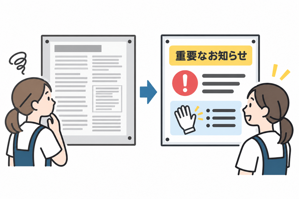 社内情報が読まれない原因の一つに、情報量の多さがあります。長い文章や細かい説明が並ぶと、忙しいスタッフは読むことを後回しにしがちです。そこで重要なのが、一つの情報で伝える内容を絞ることです。例えば、安全管理のお知らせなら、注意点と必要な行動を短い文章で伝えます。詳しい説明は別の情報源から確認できるようにすると、情報を整理できます。