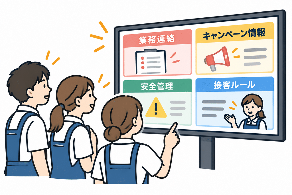 情報共有の手段として活用できるのが、スタッフルームやバックヤードに設置するスタッフサイネージです。業務連絡やキャンペーン情報、安全管理の注意事項、接客ルールなどをディスプレイに表示することで、出勤時間が異なるスタッフにも情報を届けやすくなります。特にシフト勤務では、「自分から情報を探しに行く」仕組みだけでなく、出勤時や休憩時に自然と情報が目に入る環境をつくることが効果的です。情報には文字だけでなく、写真やイラスト、図解などを活用します。スタッフは短時間で内容を把握しやすくなります。