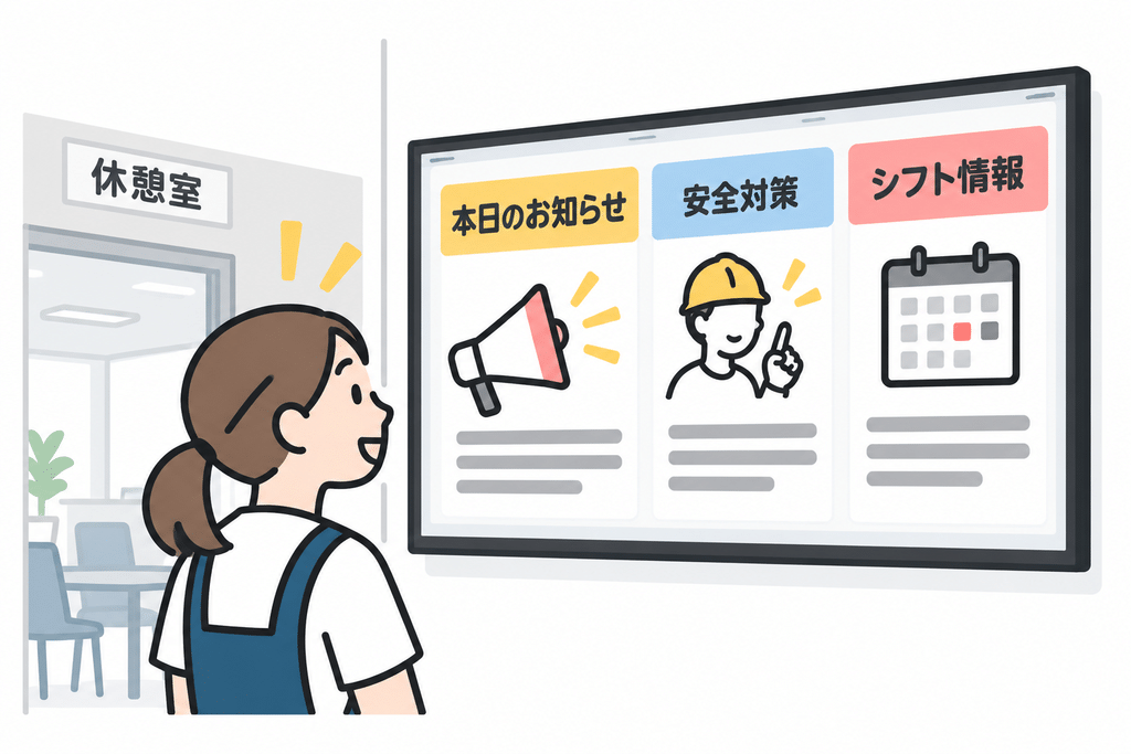 どれだけわかりやすい情報でも、スタッフの目に触れなければ意味がありません。特にシフト勤務の職場では、朝礼だけで全員に情報を届けることは困難です。そこで役立つのが、従業員向けデジタルサイネージ「スタッフサイネージ」です。休憩室やスタッフルームなどに設置し、社内情報を表示できます。出退勤時や休憩時間など、スタッフが自然に目を向ける場所での発信が効果的です。重要なお知らせは一定期間表示し、確認する機会を増やしましょう。