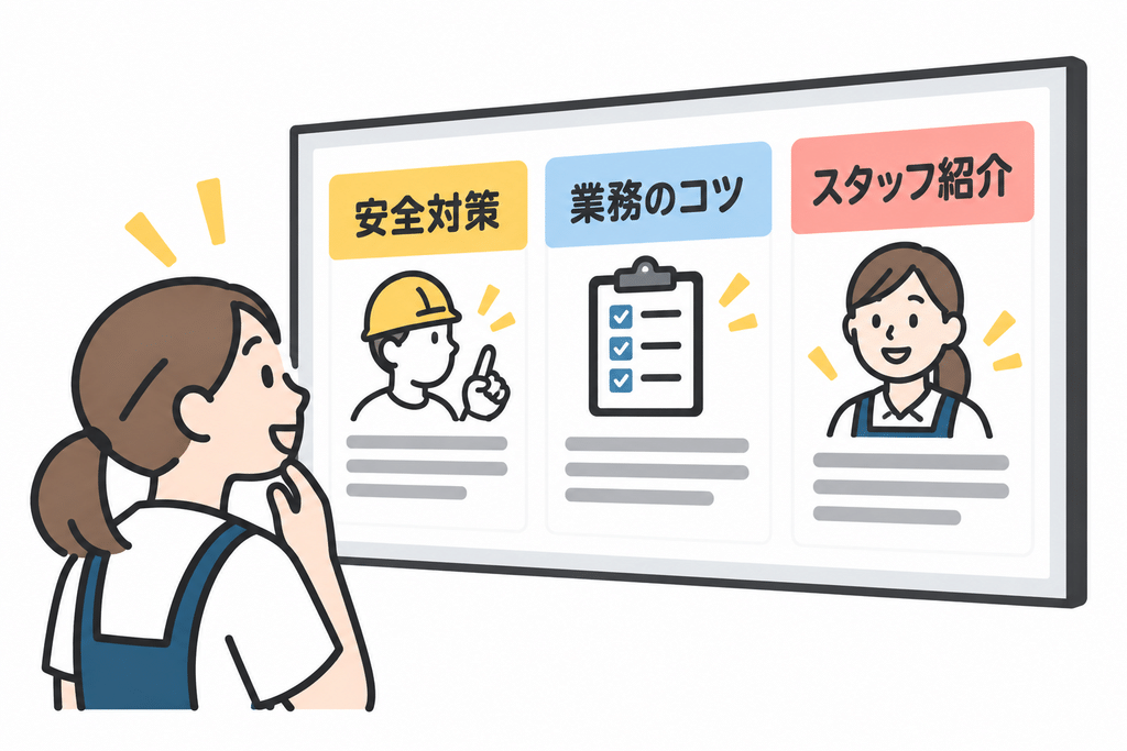 社内情報を見てもらうには、スタッフが自分に関係のある内容だと感じることが大切です。本社からのお知らせだけでなく、現場で役立つ情報も積極的に発信しましょう。例えば、安全対策や業務改善の事例、作業のコツなどが挙げられます。「今週のヒヤリハット事例」など、日常業務に関係するテーマもおすすめです。スタッフの声や写真を紹介すると、情報をより身近に感じてもらえます。