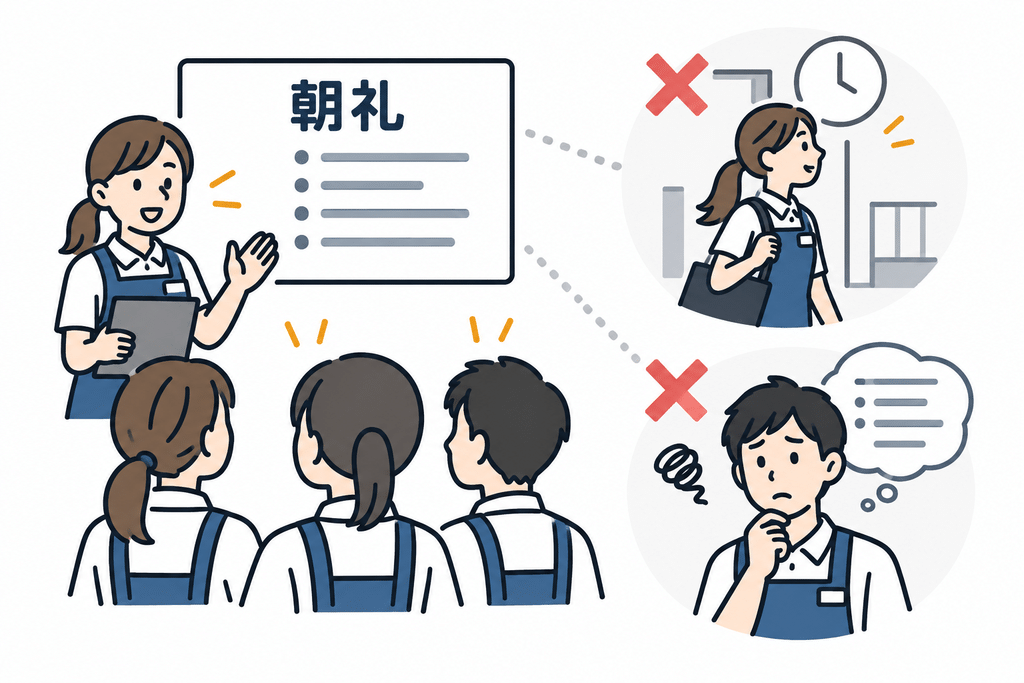 朝礼は、その日の予定や注意事項を短時間で共有できる便利な方法です。しかし、基本的に情報を受け取れるのは「その場にいる人」に限られます。特にシフト勤務では、朝礼後に出勤するスタッフや当日休みのスタッフには、別の方法で情報を伝えなければなりません。また、参加していたとしても、口頭で一度聞いただけでは内容を忘れてしまうこともあります。重要なのは、「伝えたか」ではなく「必要な人に情報が届いたか。それが確認できる状態になっているか」という視点です。