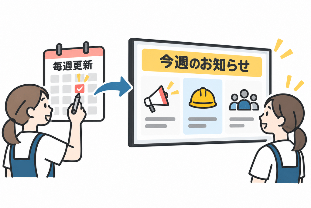 社内情報は、一度発信して終わりではありません。いつ見ても同じ内容では、スタッフの関心が薄れてしまいます。例えば、月曜日は安全情報、金曜日はスタッフ紹介など、更新テーマを決めましょう。定期的に新しい情報を届けることで、スタッフが確認する習慣をつくれます。また、アンケートや確認チェックを取り入れる方法も効果的です。情報が届いているかを把握し、次の発信内容の改善につなげましょう。