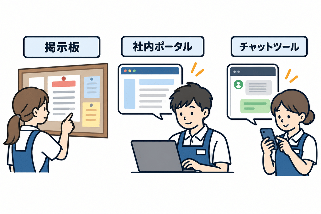 シフト勤務による情報格差を減らすためには、朝礼で伝えた内容を後から確認できる環境を整えることが重要です。例えば、スタッフルームの掲示板や社内ポータル、チャットツールなどを活用し、重要事項を残しておけば、朝礼に参加できなかったスタッフも自分の勤務時間に確認できます。ただし、情報を掲載する場所が増えすぎると、「どこを見ればいいのかわからない」という別の問題が発生します。そのため、「全員に周知する情報はここを見る」という共通ルールを決めることがポイントです。